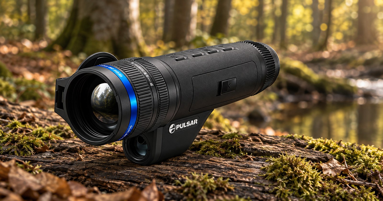 Pulsar Telos LRF XG50 auf einem bemoosten Stamm am Waldbach