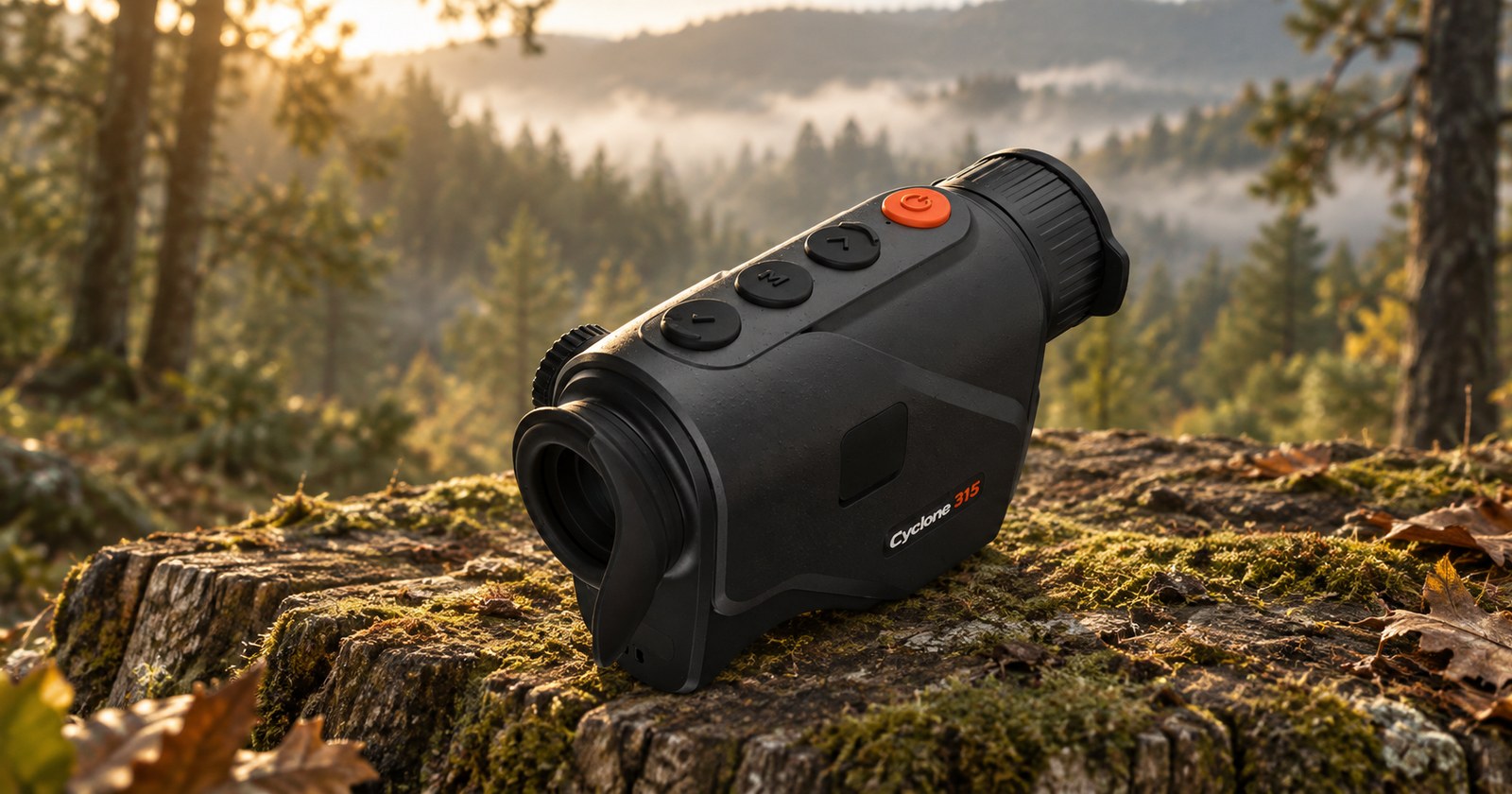 ThermTec Cyclone 315 Wärmebild-Monokular auf bemoostem Fels vor nebligem Waldtal
