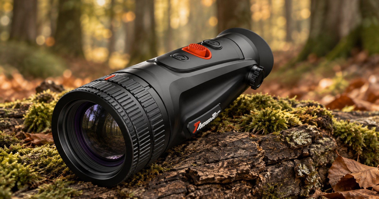 ThermTec Cyclops 640D auf einem bemoosten Stamm im Herbstwald