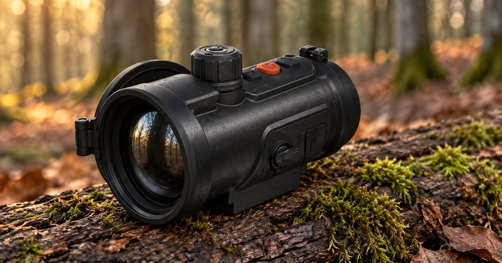 ThermTec Hunt 650L Pro LRF auf einem bemoosten Stamm im Herbstwald