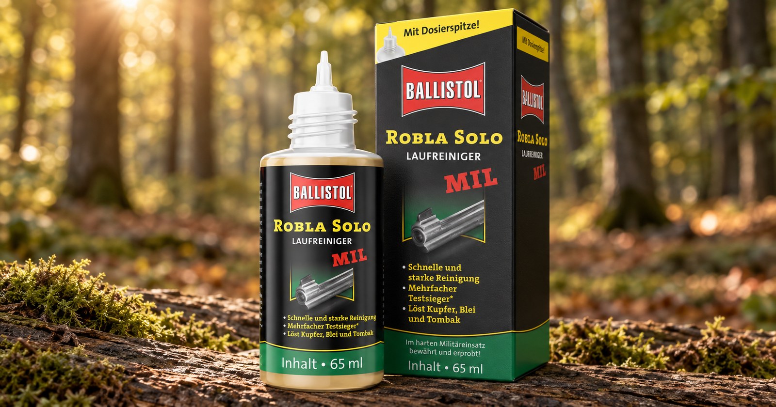waffenpflege/ballistol-robla-solo-mil.jpg Ballistol Robla Solo MIL Laufreiniger, 65-ml-Flasche mit Dosierspitze und Faltschachtel, auf einem bemoosten Stamm im Herbstwald