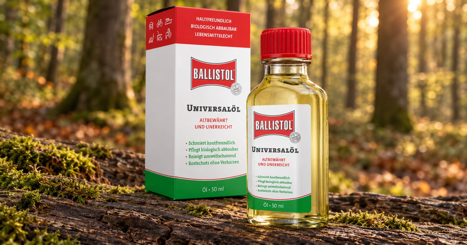 waffenpflege/ballistol-universaloel.jpg Ballistol Universalöl 50 ml mit Faltschachtel auf einem bemoosten Stamm im herbstlichen Laubwald