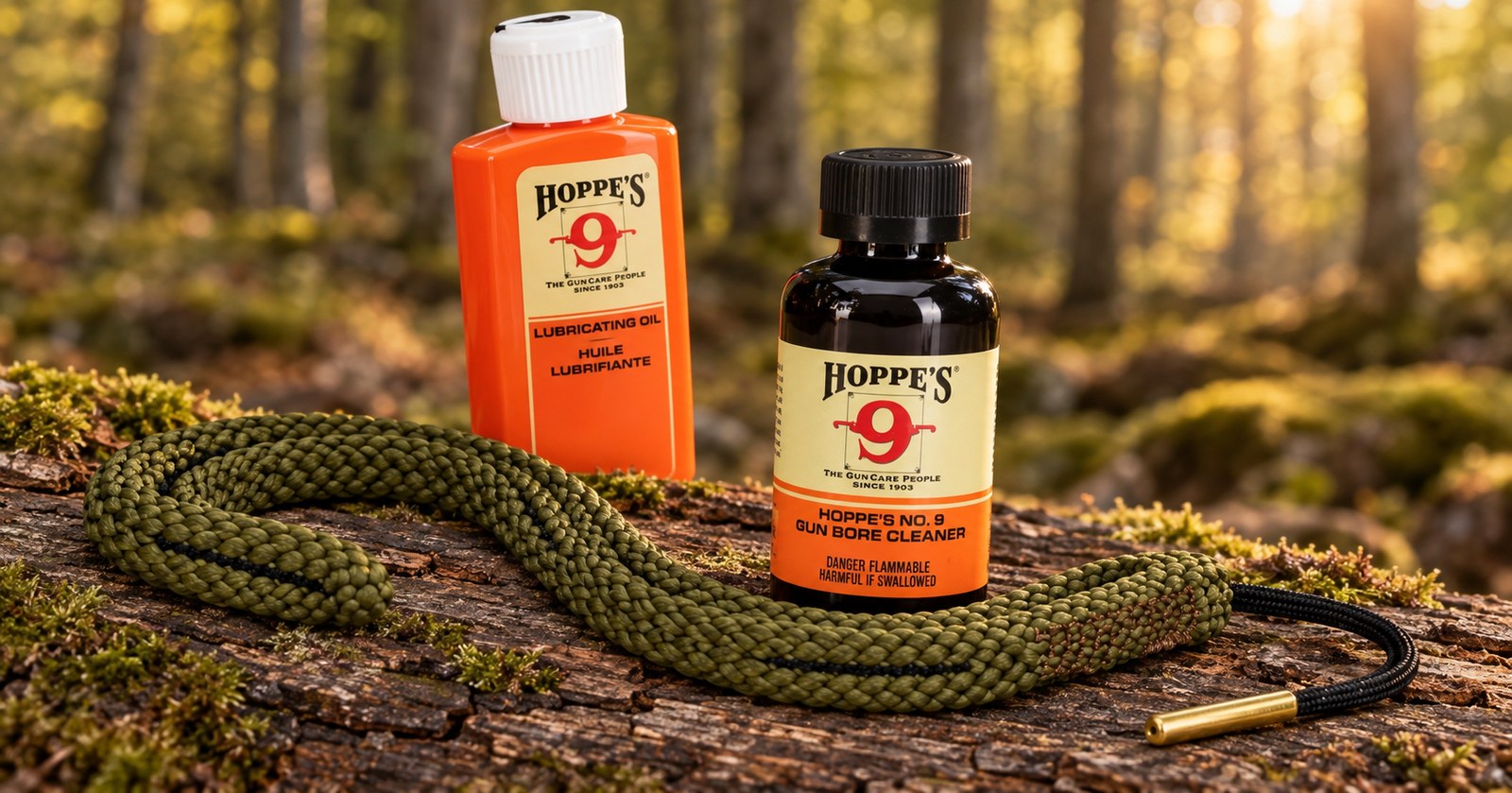 waffenpflege/hoppes-no-9-solvent-bore-snake-kombi.jpg Hoppe's No.9 Gun Bore Cleaner und Lubricating Oil mit olivgrünem Bore Snake auf einem bemoosten Stamm im Herbstwald