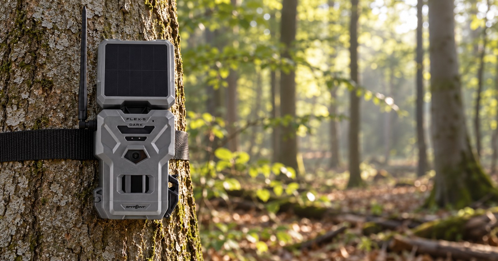Spypoint Flex-S-Dark mit Solarpanel am Baumstamm im sonnigen Buchenwald