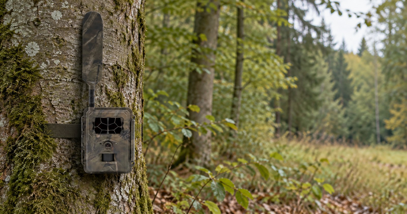 Seissiger Pro-Cam LTE Supersim am Baumstamm im sommerlichen Buchenwald