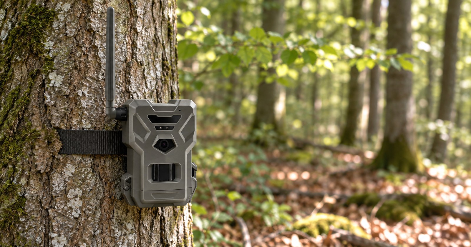 Spypoint Flex Dark am Baumstamm, dahinter der sonnige Bestand