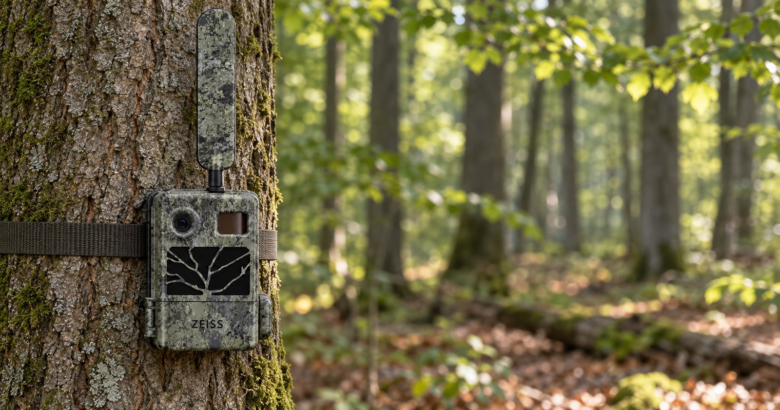 wildkamera/zeiss-secacam-3.jpg ZEISS Secacam 3 mit Funkantenne am Stamm einer alten Eiche im Revier