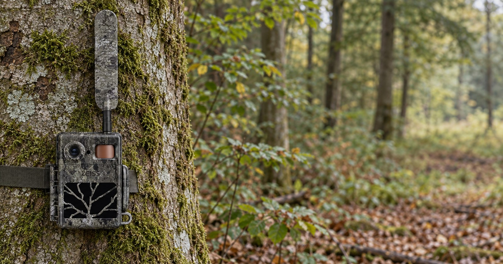ZEISS Secacam 7 mit Funkantenne an einer bemoosten Buche